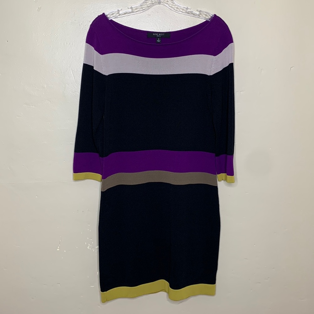 NINE WEST Sweater Dress Purple Black Color Block Pull On MIDI Small